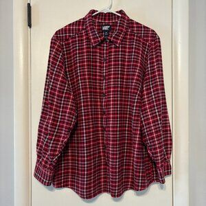 Lands' End Women’s Plus Red Plaid Flannel Boyfriend Button-Front Shirt Top 2X